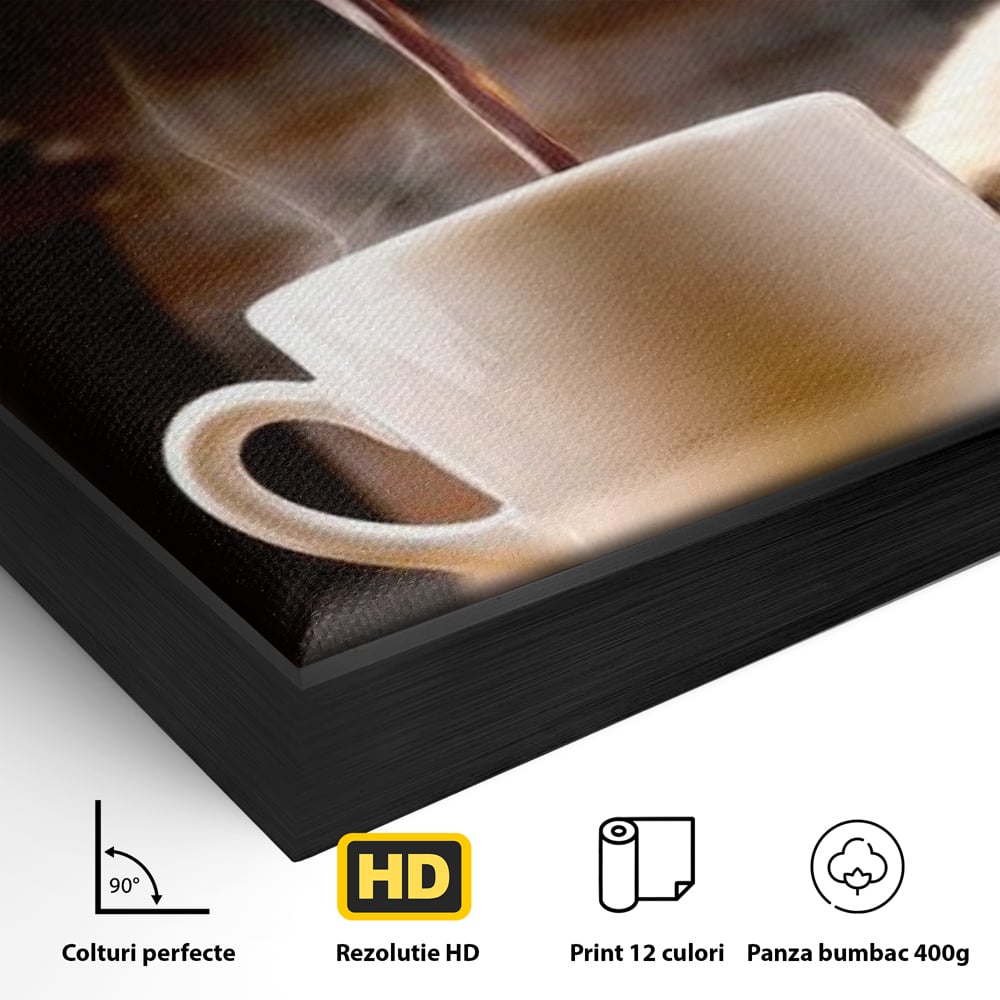 Detaliu al suprafetei: tablou canvas cu ceasca de cafea si boabe, in rama de aluminiu negru